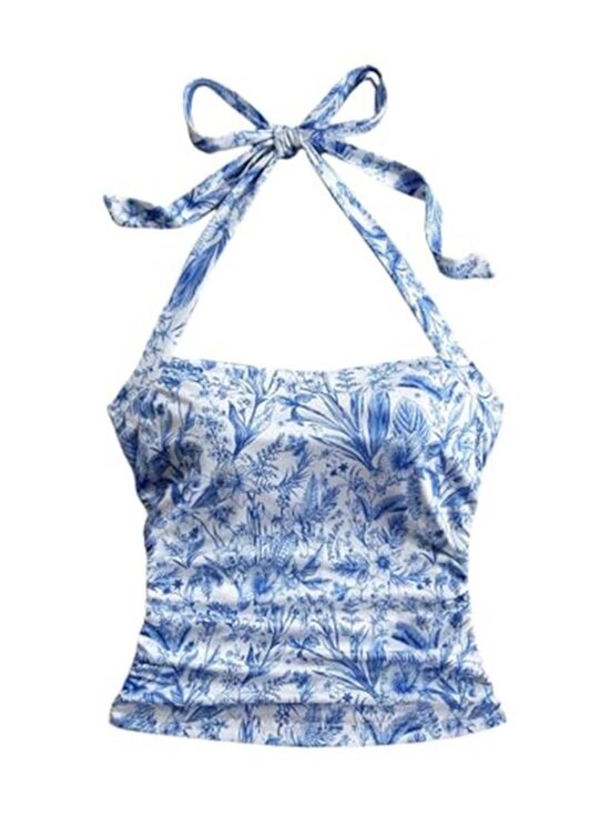 Tops - Women's Floral Print Halter Neck Crop Top Tie Backless Fitted Tank Shirt